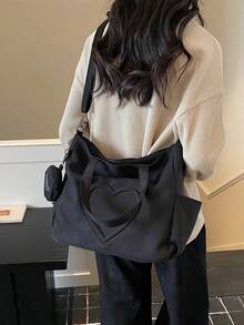 Nueva bolsa de lona de moda casual con patrón de corazón y múltiples bolsillos para mujer con monedero - Negro - Ver 6