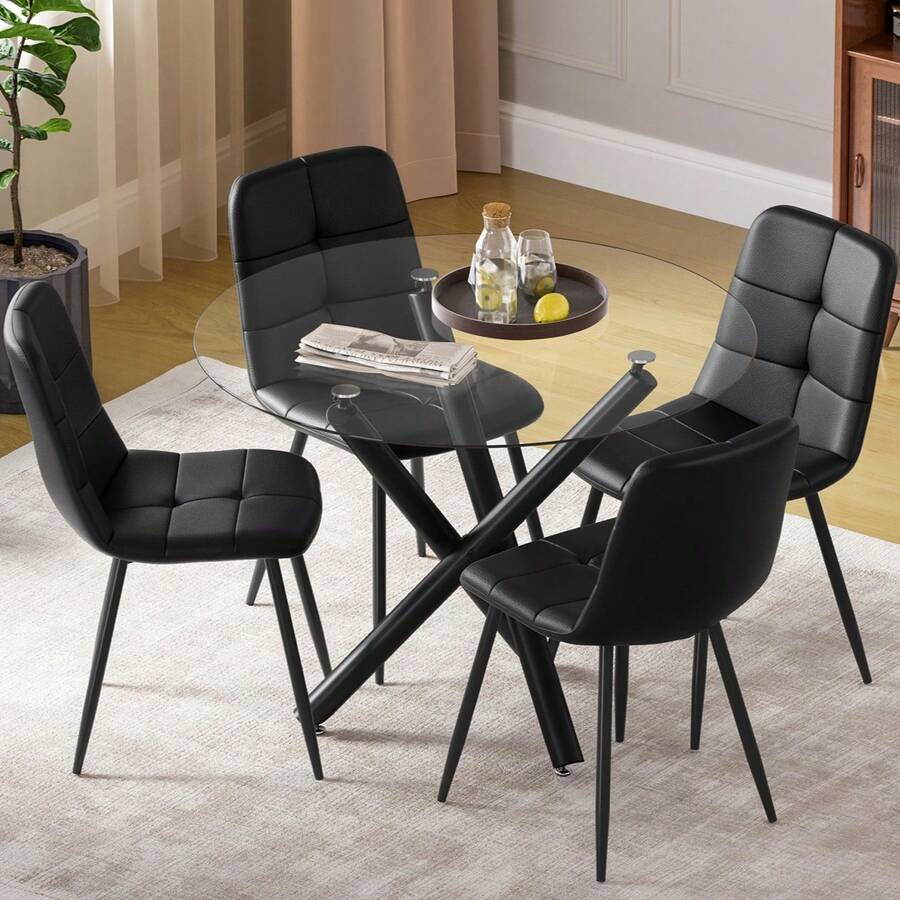 Dining Table And Chairs Set Of 4, Round Dining Table With Performance Fabric Chairs For Dining Room,Kitchen,Living Room