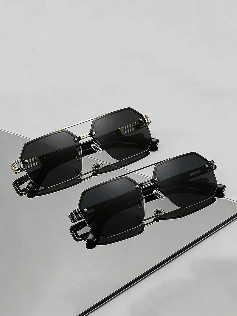 1 Pair Men's Asymmetrical Polygon Frameless Metal Glasses, Protective Function, Luxury & Practical Fashion Double-Bridge Design, Suitable For Casual Street Wear - Multicolor - View 1