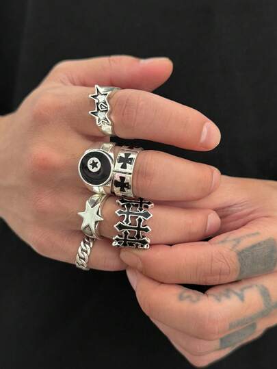 6ชิ้น/ชุด แหวนโลหะแบบกว้างสไตล์พังก์โกธิค วินเทจ ลูกบิลเลียดกลวง, เพนตากรัม, จี้หยดน้ำมันรูปกากบาท, ชุดแหวนร็อคสตาร์ สตรีทแวร์ หรูหรา ลำลอง อเนกประสงค์ ของขวัญสำหรับผู้ชาย, เหมาะสำหรับงานแต่งงาน, ปาร์ตี้, สวมใส่ประจำวัน