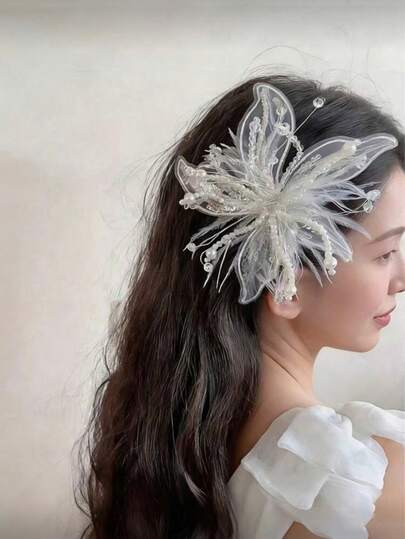 1pc Handmade Feather & Pearl Hair Clip, Crystal Headpiece, Sweet Fairy Style Accessories For Teen Performance, Claw Clips