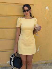 HH Women's High Waist Round Neck Petal Sleeve A-Line Dress, Black Elegant Evening Gown Summer Yellow - Yellow - View 4