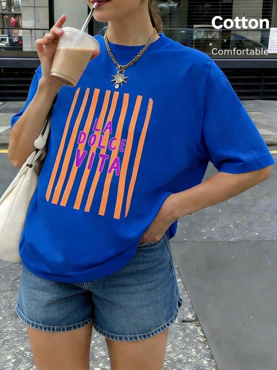 可愛女款 T-shirt,標準長度針織短袖圓領上衣,適合日常時尚、戶外、Y2K、街頭風格 - 彩蘭 - 查看 1