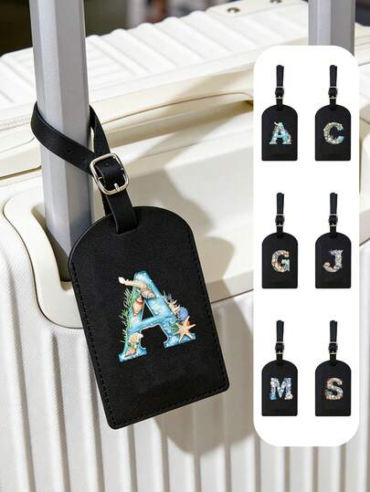1pc Black PU Luggage Tag With Seashells Ocean Letters A-Z, Initial Luggage Tag, With Name Card & Privacy Cover, Travel Note Cards, Passport Holders, Card Holders,Travel Accessories,Suitable For Travel Backpacks, Suitcases, School Bags, Travel Gear, Organizer For Beaches, Summer Vacations, Back-To-School Season,Unisex,Perfect Birthday Gift, Vacation Gift, Party Gift, Mother's Day Gift