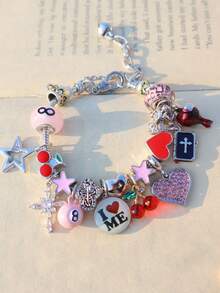 1 chiếc vòng tay mặt dây chuyền hình quả anh đào đỏ dễ thương, vòng tay họa tiết da báo hình ngôi sao dành cho nữ, vòng tay màu đen hình quả bóng số 8, vòng tay hình thánh giá và ngôi sao, vòng tay phong cách nhạc Punk dành cho lễ hội âm nhạc. - Bạc - Xem 9