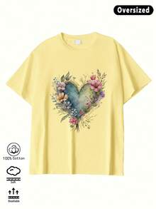 Camiseta feminina amarela de algodão, com estampa floral em aquarela e corações, estilo férias, ideal para uso casual no verão. - Amarelo - Ver 3