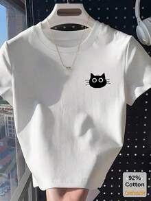 100%纯棉趣味“猫”印花白色短袖T恤，百搭露脐上衣，性感时尚休闲风 - 白色 - 查看 1