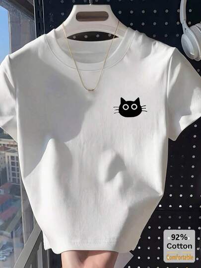 100%纯棉趣味“猫”印花白色短袖T恤，百搭露脐上衣，性感时尚