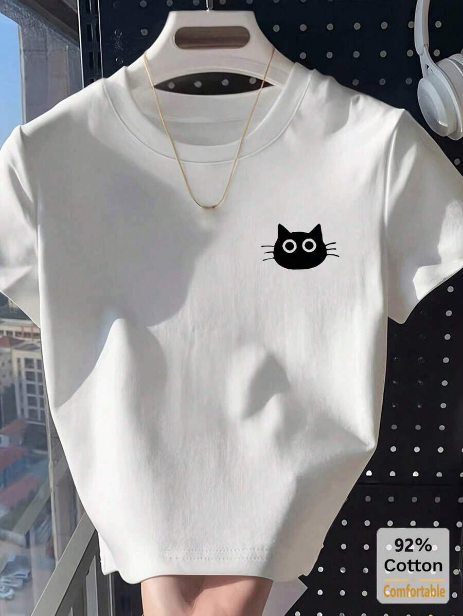 100%纯棉趣味“猫”印花白色短袖T恤，百搭露脐上衣，性感时尚休闲风 - 白色 - 查看 1
