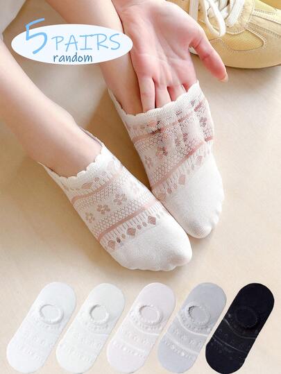5 Pairs Women's Invisible Socks, Thin Mesh Lace Trim Breathable Short Socks, Fashion Ankle Socks For Spring/Summer, Assorted Colors