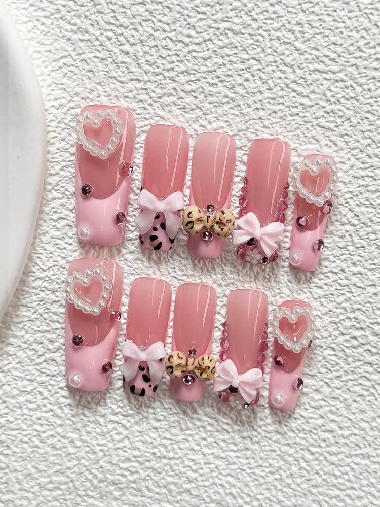 10Pcs Blending French Style Polygel Nail Set,Acrylic Press-On Nails,Openwork Heart Pink Bow Cute Leopard-Print Bow Adorned  Small White Flowers, Pearls, Diamonds,Comes With Nail Tools(1 Sheets Jelly Stickers+1PC Nail File)3 Sizes Available,Almond Nails, Duck Nails,Coffin Nail,Suitable For Daily, Dining Dates Leisure Entertainment,Travel Photography,Spring Summer,Commute Supplies Nails - 彩色 - 查看 14