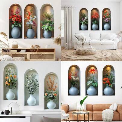 3pcs/Set Modern Vase And Flower Design Art Wall Stickers. Monstera, Hydrangea, And Calla Lily Pattern. Vinyl Removable Decals For Bedroom, Living Room And Office Background Wallpaper Home Decor.