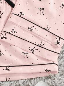3pcs/Set Piyama Wanita Kasual Longgar dengan Pita, Motif Polkadot, Saku, Kancing Depan, Lengan Pendek, Atasan dan Celana Pendek/Celana Panjang, Musim Semi/Panas - Baby Pink - View 7