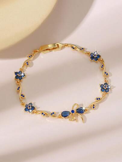  1pc 18K Gold Plated Copper Sakura Floral Butterfly Bracelet, Embedded With Mysterious Blue Rhinestones, Lucky Birthstone Bracelet, Perfect Gift For Her, Suitable For Spring Outing, Date, Daily Wear, Anniversary, Birthday, Elegant Mother's Gift, Christmas Carnival, Wedding, Rave Party/Ball/Gathering, Valentine's Day, Boho Jewelry, Bridesmaid Gift