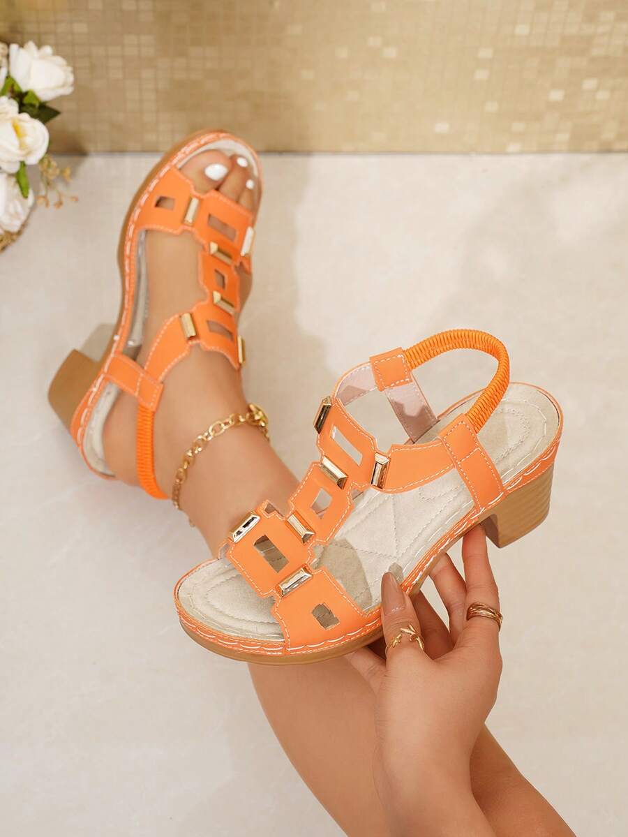 Sandal Wedges Platform Gesper Warna Solid Retro Wanita Ukuran Besar, Sepatu Pantai, Sepatu Musim Panas - Jeruk - View 1