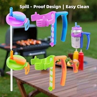 Wiederverwendbarer Deckel für Getränkedosen in vier Farben, entworfen für Getränke, Säfte und Erfrischungsgetränke, komplett mit Strohhalm.