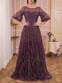 Solessence 泡泡袖亮片正式舞会礼服、派对礼服、婚礼宾客礼服 - 紫色 - 查看 1