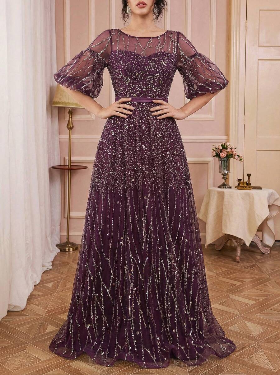 Solessence 泡泡袖亮片正式舞会礼服、派对礼服、婚礼宾客礼服 - 紫色 - 查看 1