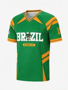Áo thun nam cổ chữ V tay ngắn màu đen in họa tiết Brazil, phong cách đường phố, thể thao, thường ngày, lấy cảm hứng từ bóng đá. - màu xanh lá - Xem 2