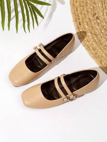 New French Breeze Flat Mary Jane Shoes, Square Toe Slip-On With Double Straps For Women - Beige - View 1
