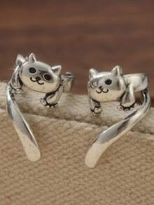 1 Pair Cute Retro Cat Clip-On Earrings, Creative Fashion Earrings, Perfect Daily And Festival Gift For Women - Antique Silver - View 7