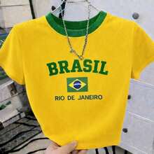 Cropped T-Shirt Brazil Top Round Neck Yellow Green Short Sleeve World Cup  Rio De Janeiro  Fans - 黃色 - 查看 1