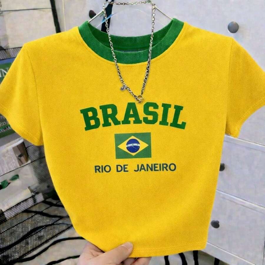 Cropped T-Shirt Brazil Top Round Neck Yellow Green Short Sleeve World Cup Rio De Janeiro Fans - 黃色 - 查看 1