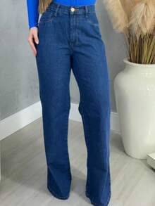 Women's Wide Leg Jeans, Plus Size, High Waist, Without Lycra - 深色水洗藍 - 查看 4