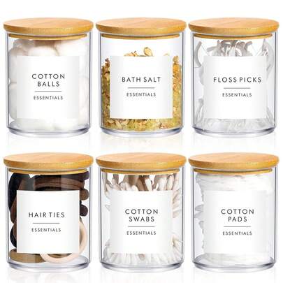 Hộp đựng tăm bông acrylic 10oz kèm nhãn dán - Bộ hộp nhựa nhỏ trong suốt dùng trong phòng tắm, phụ kiện trang trí thiết yếu, hộp đựng đồ dùng trên bàn trang điểm.