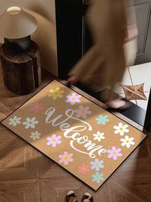 1pc Colorful Floral Welcome Pattern Doormat, Farmhouse Style Machine Washable Polyester Mat, Suitable For Living Room, Kitchen, Bedroom, Entryway, Home Decor, Room Decor, All Season - Mustard Yellow - View 7