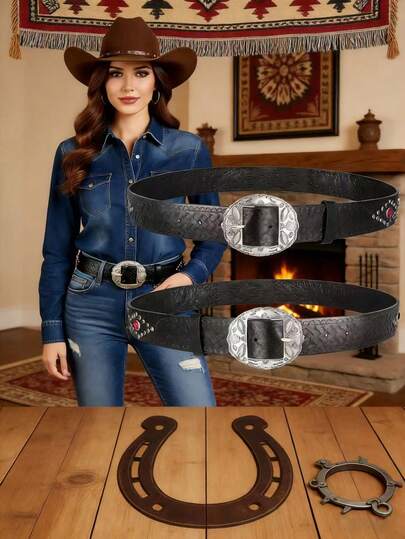 1個 ユニセックス レトロパンク エンボス バックル カラーブロック スタッズ リベット ラインストーン エンボス ワイドベルト