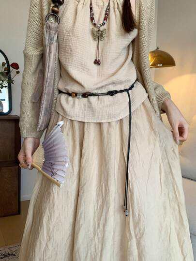 1pc Black Polyester Vintage Beaded Braided Waist Rope