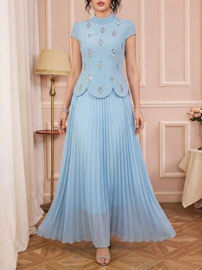 Solessence Women's Solid Color Mandarin Collar Short Sleeve Elegant Long Dress, Multi-Technique Embellished With Pleats And Rhinestones, Suitable For Parties, Galas, Banquets, Formal Events