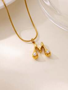 MECYLIFE 1件装时尚不锈钢26字母吊坠项链，镶嵌珍珠，女士项链 - 珍珠字母 - 查看 10