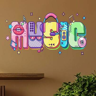 1 miếng dán chữ nghệ thuật "SING" sống động. Thiết kế này có các chữ cái "S", "I", "N", "G" với nhiều hình dạng nghệ thuật khác nhau, tràn đầy các yếu tố âm nhạc, thích hợp để trang trí phòng khách, phòng ngủ, phòng học, phòng thu âm, v.v.