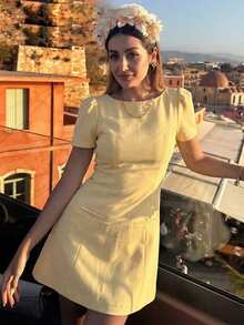 HH Women's High Waist Round Neck Petal Sleeve A-Line Dress, Black Elegant Evening Gown Summer Yellow - Yellow - View 5