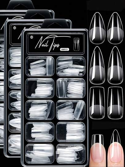 100 Unhas Postiças Transparentes em Formato Caixão/Amêndoa/Estilete, 12 Tamanhos, Unhas Acrílicas de Cobertura Total, Ideais para Decoração de Unhas em Casa, Salões de Beleza ou para Presentear - Essenciais para o Cuidado das Unhas Femininas, Unhas Decoradas para o Natal e Suprimentos para Unhas.