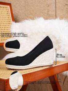 波西米亚风坡跟鞋，编织厚底坡跟鞋 | 优雅通勤，舒适休闲纯色奢华街头俱乐部复古编织坡跟鞋 | 天鹅绒质感，优雅增高，适合海滩、节日、婚礼、度假等各种场合，四季皆宜 - 黑色 - 查看 12