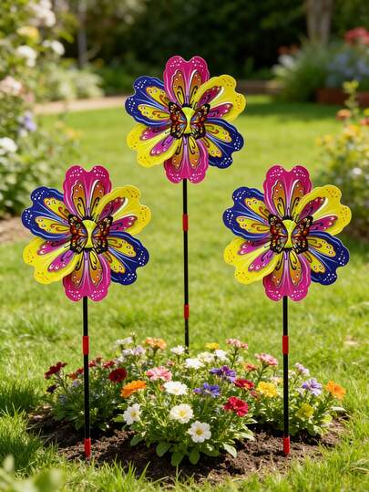 3pcs Spring Butterfly 3D Wind Spinner,Outdoor Garden Decorative Stake For Garden, Party, Outdoor, Yard Decor