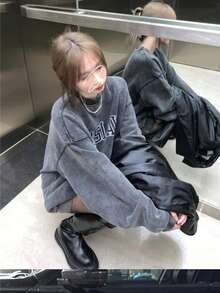 Áo sweatshirt dài tay dáng rộng thoải mái dành cho nữ, thiết kế độc đáo kiểu Mỹ, hàng mới về. - Màu xám đen - Xem 9