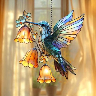 鸟鸣花香彩绘玻璃阳光捕捉器，半透明彩色印花图案，适用于家居窗户、户外装饰悬挂。