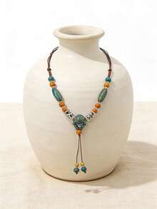 1pc Handmade Ceramic Beaded Necklace, Adjustable Length, Bohemian Style For Women - Multicolor - View 3