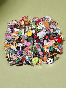 [5枚/10枚/20枚/30枚/40枚/50枚/60枚/70枚/80枚/90枚/100枚] 卡通人物胸针随机组合套装 - 时尚哥特复古朋克珐琅徽章，英文标语字母胸针，可别在衬衫、包包和外套上 - 英文标语锌合金翻领别针，休闲装扮的完美之选，也是馈赠亲友的理想礼物 - 彩色 - 查看 10