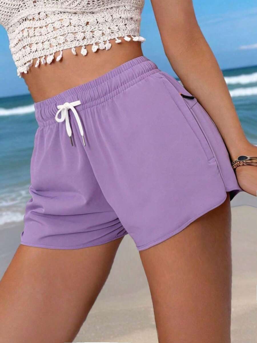 Women's Purple Drawstring Shorts, Loose Wide Leg, Double Layer Anti-Exposure, Beach/Daily Wear Hot Pants - Purple - View 1
