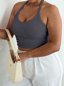 Plus Size Sexy Minimalist Ribbed Spaghetti Strap Fitted Camisole, Suitable For Daily, Commute, Street, Date, Workout Casual Summer - Grey - View 7