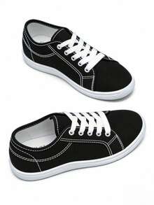 男士黑色低帮帆布鞋，轻便透气，宽鞋头系带设计，适合春夏日常休闲穿着 - 黑與白 - 查看 9