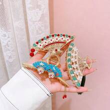 1 pieza Clip de pelo con abanico decorado con perlas y borlas de estilo vintage, elegante pinza de pelo para peinado de moño, adecuado para qipao, hanfu, uso diario, fiestas, fotografía, cumpleaños, San Valentín, Acción de Gracias, verano, vacaciones, viajes - Multicolor - Ver 1