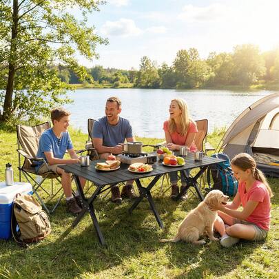 Outsunny 4ft Folding Camping Table, Waterproof Picnic Table With Roll Up Top And Metal Frame, Portable For Garden, Park, BBQ, Black