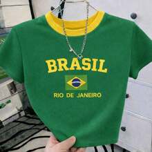 Cropped T-Shirt Brazil Top Round Neck Yellow Green Short Sleeve World Cup  Rio De Janeiro  Fans - 綠色 - 查看 1