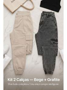 Stillger Moda Jeans Set Of 2 Cargo Jogger Jeans With Butt-Lifting Effect, High Waist, Premium Lycra - 米色和大理石紋 - 查看 4